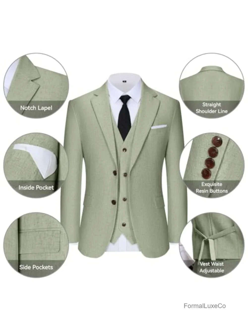 Men's 3 Piece Linen Suit Slim Fit Notch Lapel Blazer Vest Pants Set Wedding